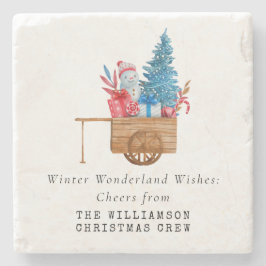 ヴィンテージ水色クリスマスキャリッジパーソナライズ ストーンコースター