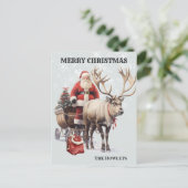 ヴィンテージ水色サンタトナカイそり ポストカード (スタンド正面)