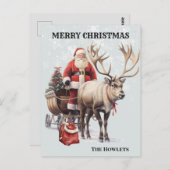 ヴィンテージ水色サンタトナカイそり ポストカード (正面/裏面)