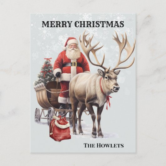 ヴィンテージ水色サンタトナカイそり ポストカード (正面)