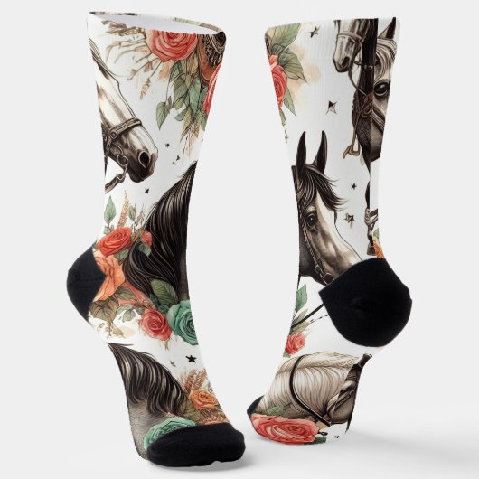 ヴィンテージ水色シームレスホース絵画ズ ソックス (傾斜あり)