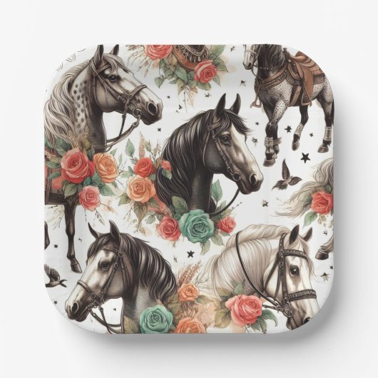 ヴィンテージ水色シームレスホース絵画ズ ペーパープレート (正面)