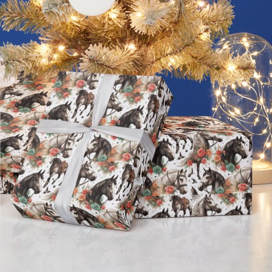 ヴィンテージ水色シームレスホース絵画ズ ラッピングペーパー (クリスマス)