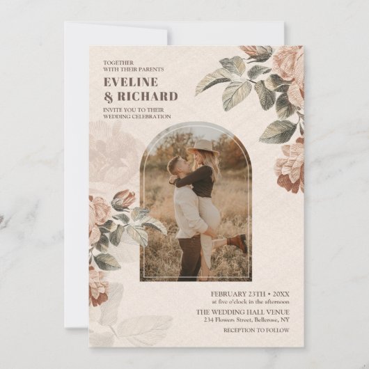 ヴィンテージ水色テラコッタバラセージ緑 招待状 (正面)