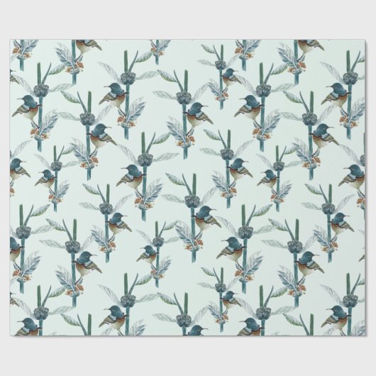 ヴィンテージ水色ハミングバード植物模様 ラッピングペーパー (フラット)