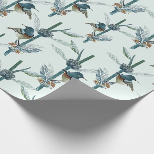 ヴィンテージ水色ハミングバード植物模様 ラッピングペーパー (角)