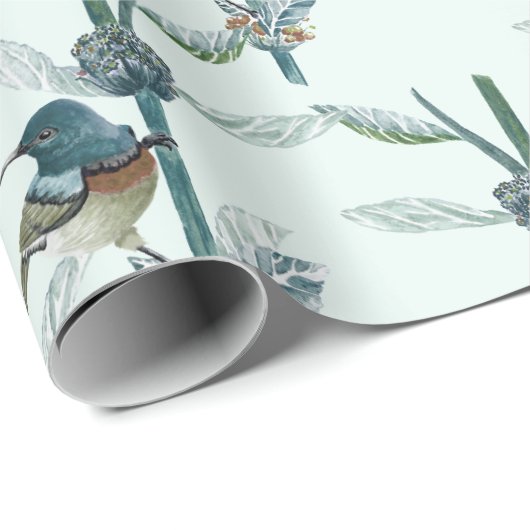 ヴィンテージ水色ハミングバード植物模様 ラッピングペーパー (ロールコーナー)