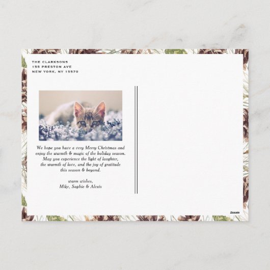 ヴィンテージ水色パインコーン写真クリスマス シーズンポストカード (裏面)