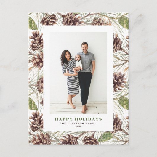 ヴィンテージ水色パインコーン写真クリスマス シーズンポストカード (正面)