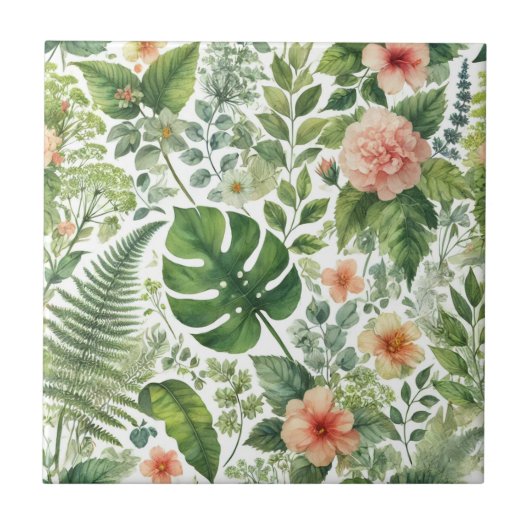 ヴィンテージ水色ピンクグリーン植物性フローラ タイル (正面)
