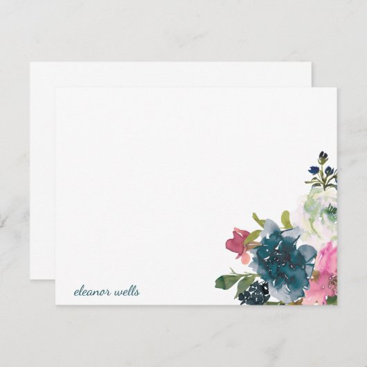 ヴィンテージ水色フローラパーソナライズされた文房具 ノートカード (正面/裏面)
