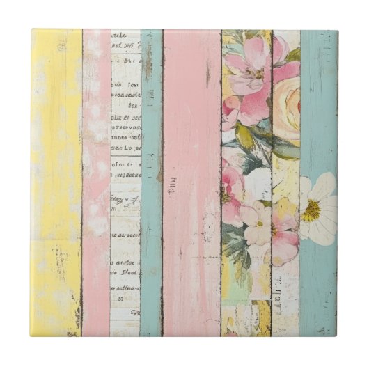 ヴィンテージ水色フローラ抽象芸術パターン(19) タイル (正面)