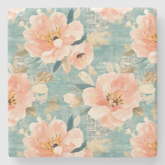 ヴィンテージ水色フローラ抽象芸術パターン(1) ストーンコースター (正面)