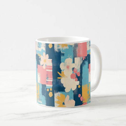 ヴィンテージ水色フローラ抽象芸術パターン(5) コーヒーマグカップ (正面右)