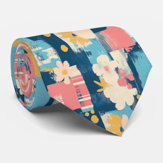 ヴィンテージ水色フローラ抽象芸術パターン(5) ネクタイ (ロール)