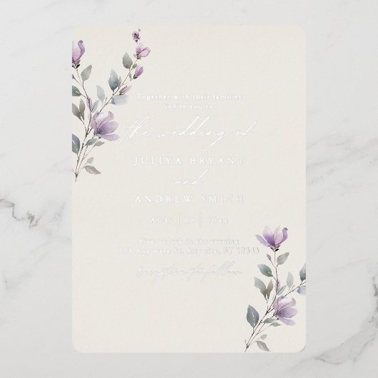 ヴィンテージ水色フローラ結婚スクリプト 箔招待状 (正面)