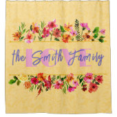 ヴィンテージ水色ブルーミング春の花黄色 シャワーカーテン (正面)