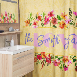 ヴィンテージ水色ブルーミング春の花黄色 シャワーカーテン