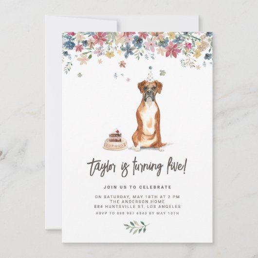 ヴィンテージ水色ボクサードッグ誕生日パーティー 招待状 (正面)