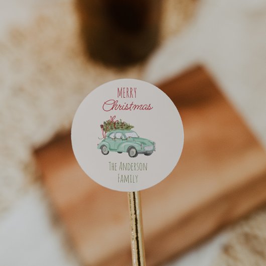 ヴィンテージ水色レッドグリーンカーツリークリスマス ラウンドシール