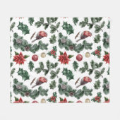 ヴィンテージ水色ロビンクリスマスパターン フリースブランケット (正面(横))