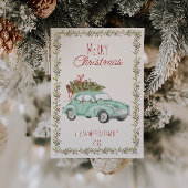 ヴィンテージ水色手書きグリーンカークリスマス シーズンカード