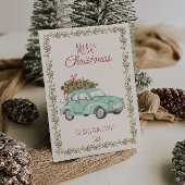 ヴィンテージ水色手書きグリーンカークリスマス シーズンカード