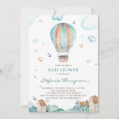 ヴィンテージ水色熱気球ボーイベビーシャワー 招待状 (正面)