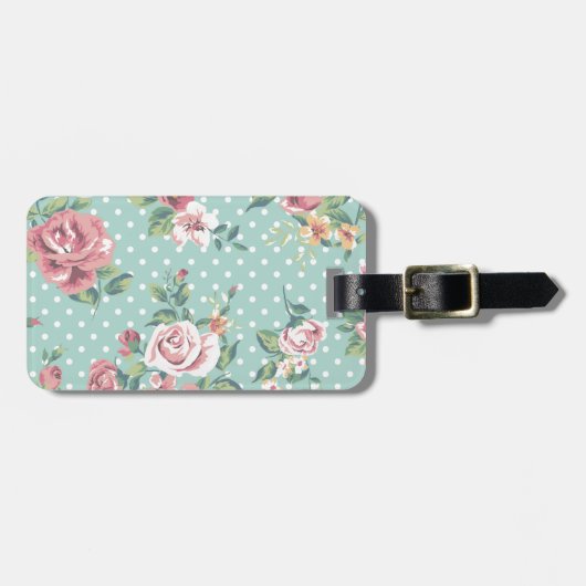 ヴィンテージ汚れた上品なフローラティール（緑がかった色）ピンクガーリー ラゲッジタグ (正面横)