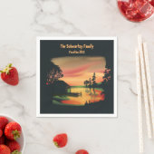 ヴィンテージ池サンセットポントーンエスケープグリーンレッド スタンダードカクテルナプキン (インサイチュ)