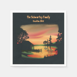 ヴィンテージ池サンセットポントーンエスケープグリーンレッド スタンダードカクテルナプキン