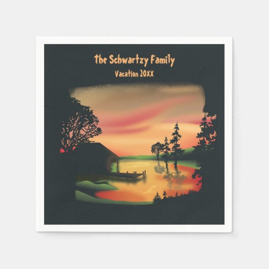 ヴィンテージ池サンセットポントーンエスケープグリーンレッド スタンダードカクテルナプキン (正面)