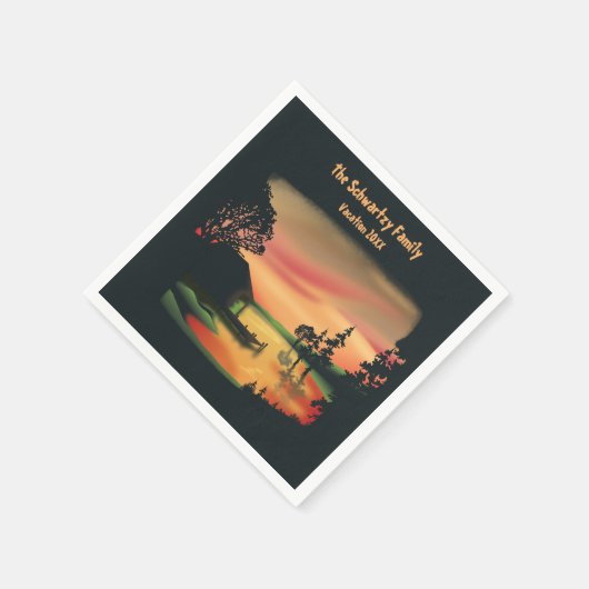 ヴィンテージ池サンセットポントーンエスケープグリーンレッド スタンダードカクテルナプキン (角)