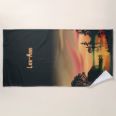 ヴィンテージ池サンセットポントーンエスケープグリーンレッド ビーチタオル (正面)