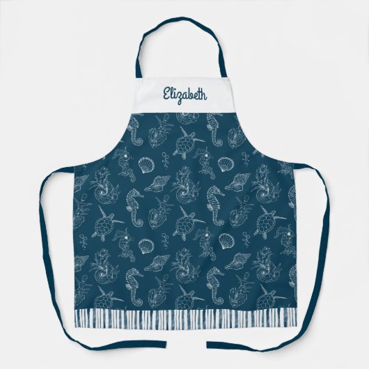 ヴィンテージ沿岸ビーチネイビーブルー エプロン (正面)