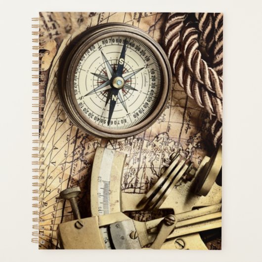 ヴィンテージ沿岸ビーチ航海のアンティークコンパス プランナー手帳 (正面)