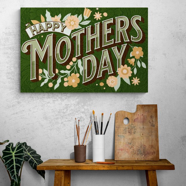 ヴィンテージ波状タイポグラフィ母の日のギフトグリーン メタルプリント (クリエイターアップロード済み)