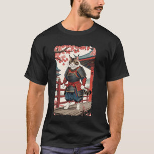 ヴィンテージ浮世絵サムライ猫の着物墨絵忍者 Tシャツ