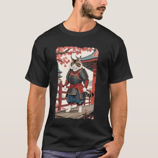 ヴィンテージ浮世絵サムライ猫の着物墨絵忍者 Tシャツ (正面)