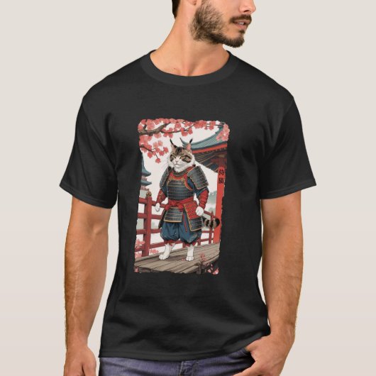 ヴィンテージ浮世絵サムライ猫の着物墨絵忍者 Tシャツ (正面)