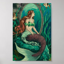 ヴィンテージ海の下の人魚鏡 ポスター