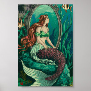 ヴィンテージ海の下の人魚鏡 ポスター