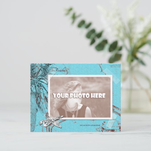 ヴィンテージ海マップコラージュターコイズフォトフレーム ポストカード (スタンド正面)