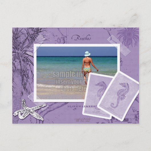ヴィンテージ海マップコラージュ紫フォトフレーム ポストカード (正面)