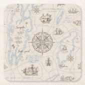 ヴィンテージ海マップパターン スクエアペーパーコースター (正面)