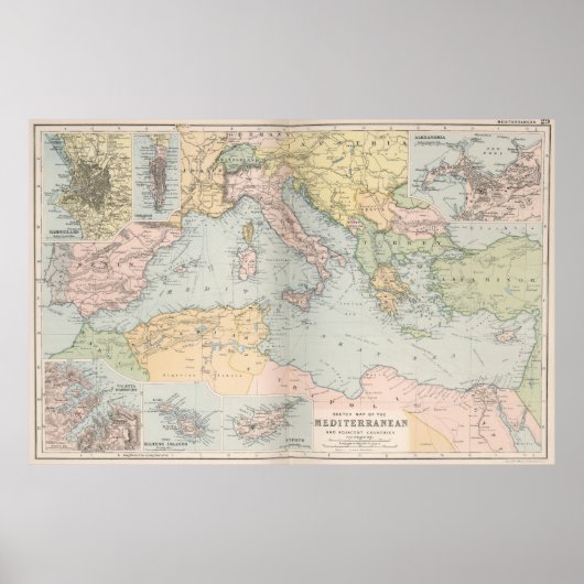ヴィンテージ海地中海のの地図（1891年） ポスター (正面)