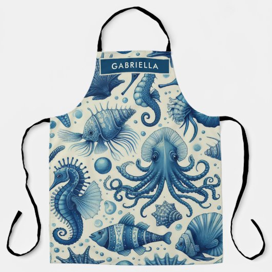 ヴィンテージ海洋生物動物パターン エプロン (正面)