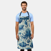 ヴィンテージ海洋生物動物パターン エプロン (着用した状態)
