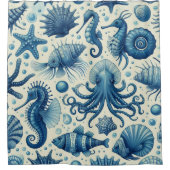 ヴィンテージ海洋生物動物パターン シャワーカーテン (正面)