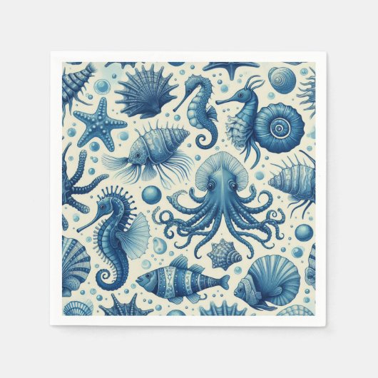 ヴィンテージ海洋生物動物パターン スタンダードカクテルナプキン (正面)